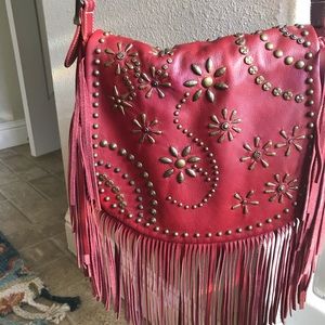 Large Red Leather Fringe Cross Body Purse